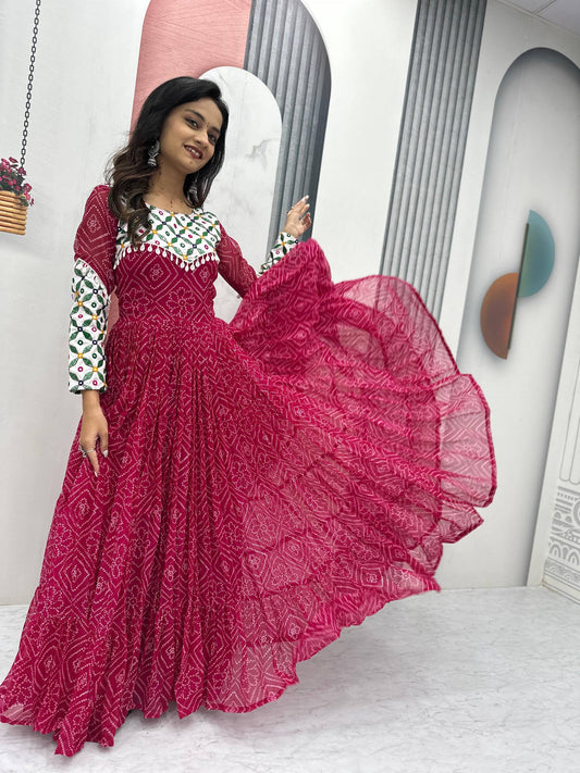 Bandhani Georgette Gamathi Work with Kodi Lace Gown