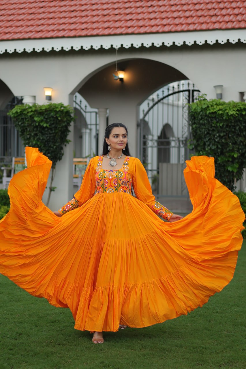 Reyon Kutchi Gamthi Tiered Flair Anarkali Gown