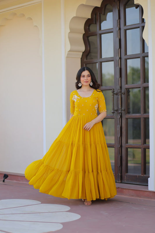 Inaaya Sunshine & Rose Embroidered Layered Gown Set