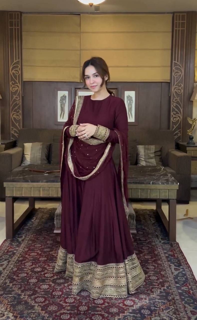 Sneha Deep Maroon Cinon Silk Gown Pent