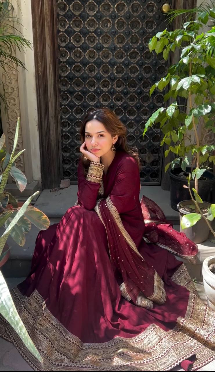 Sneha Deep Maroon Cinon Silk Gown Pent