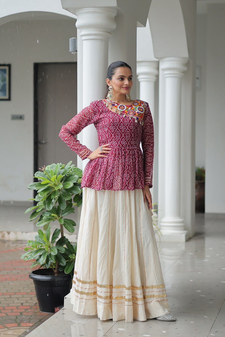 Festive Grace: Mirror-Work Peplum Top with Cream Flared Lehenga