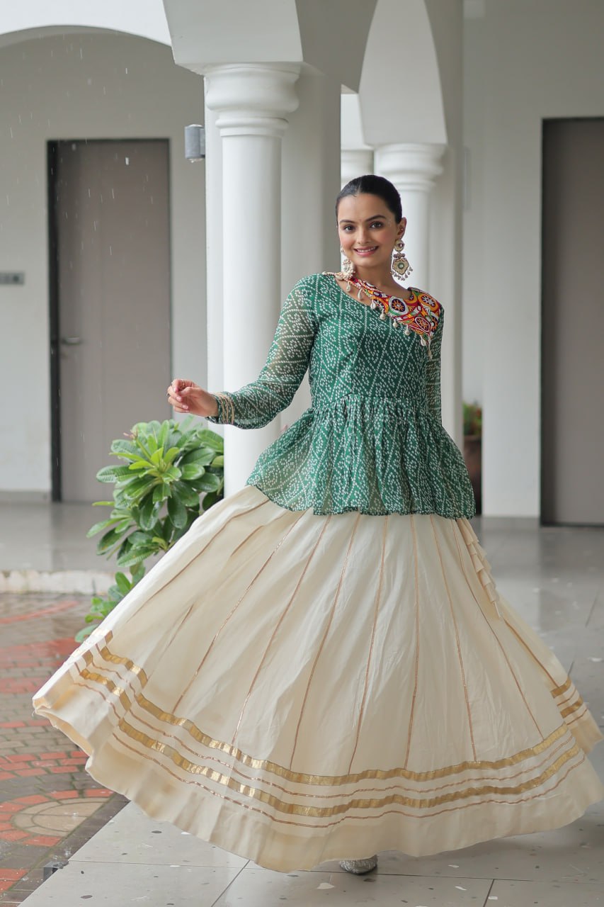 Festive Grace: Mirror-Work Peplum Top with Cream Flared Lehenga