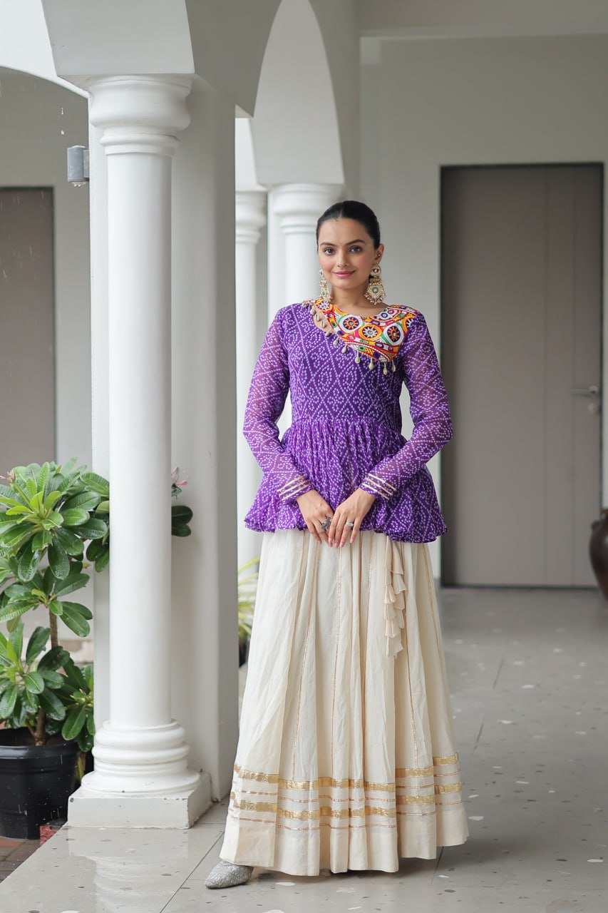 Festive Grace: Mirror-Work Peplum Top with Cream Flared Lehenga