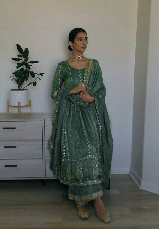Sage Green Mirror Embellished Anarkali Set