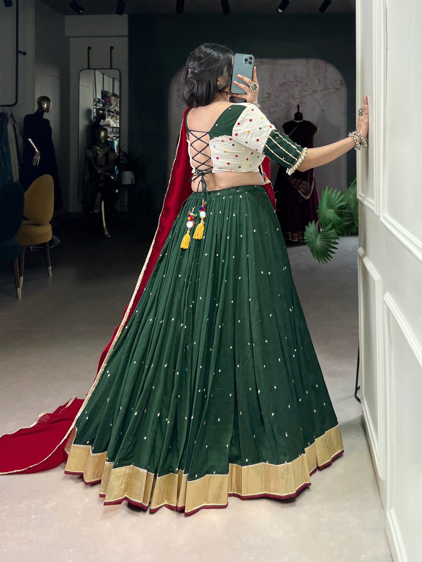 Green Mirror Work Chaniya Choli with Maroon Dupatta