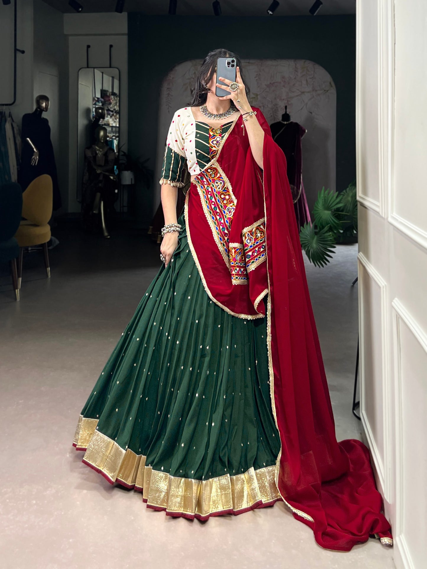 Green Mirror Work Chaniya Choli with Maroon Dupatta