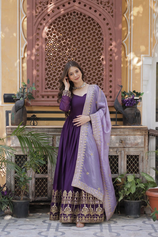 Purple Embroidered Party Wear Gown with Dupatta