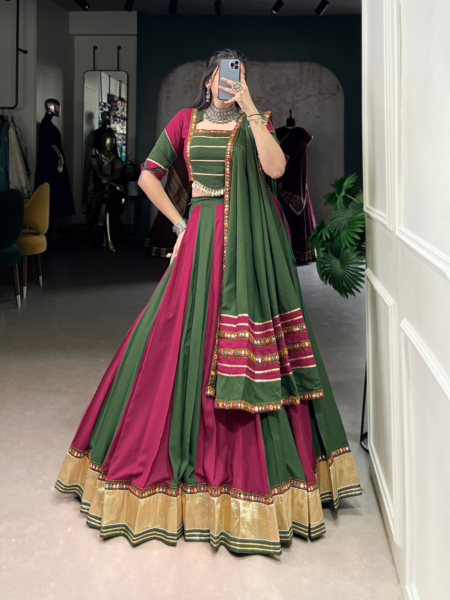 Green & Magenta Mirror Zari Lehenga Set