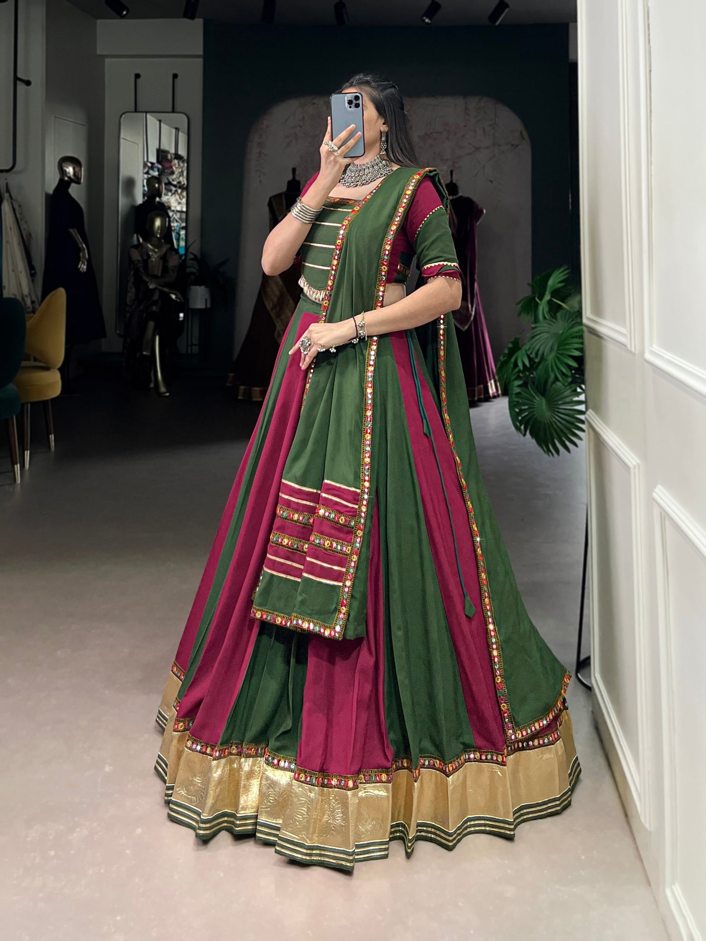 Green & Magenta Mirror Zari Lehenga Set
