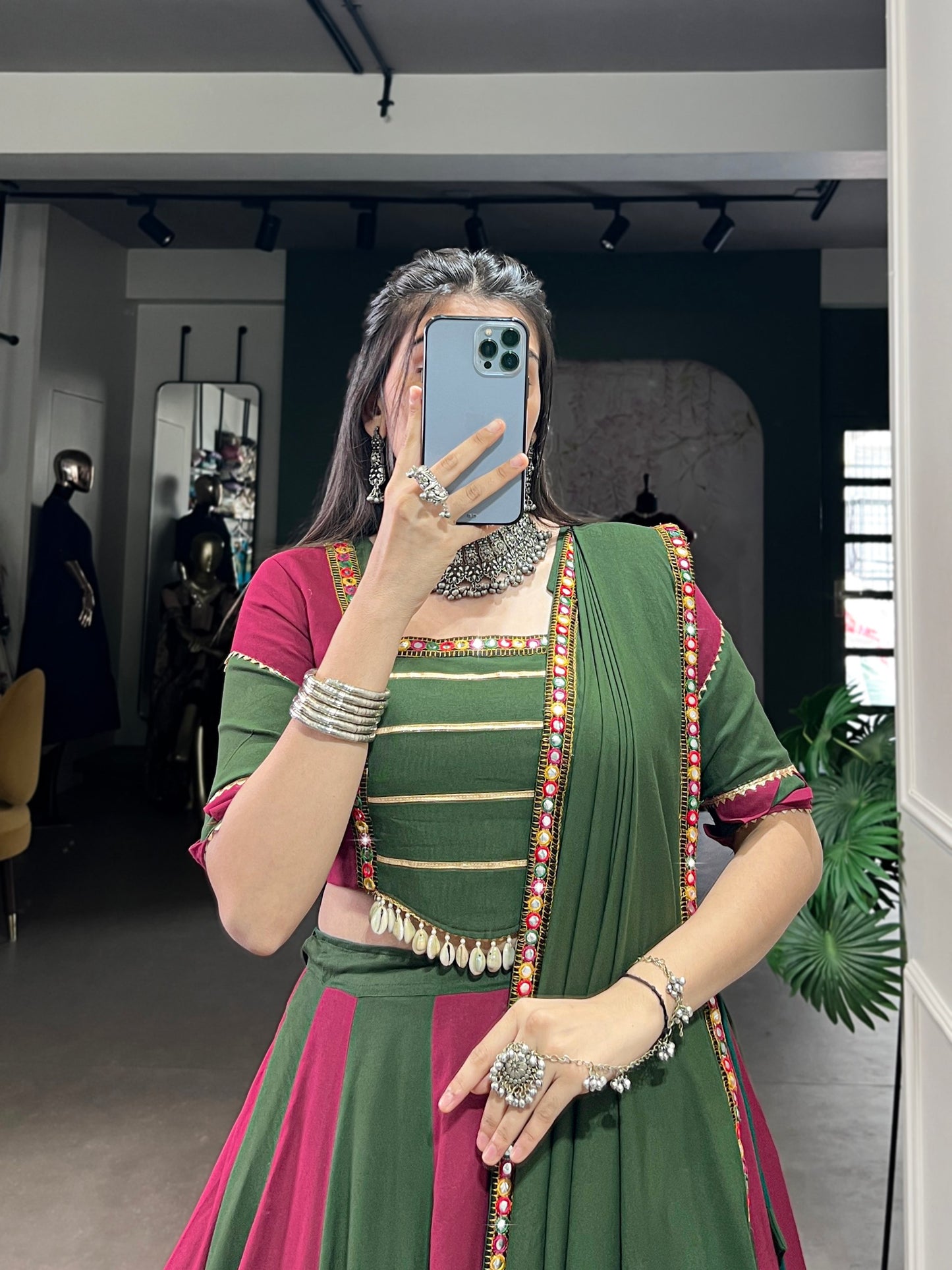 Green & Magenta Mirror Zari Lehenga Set