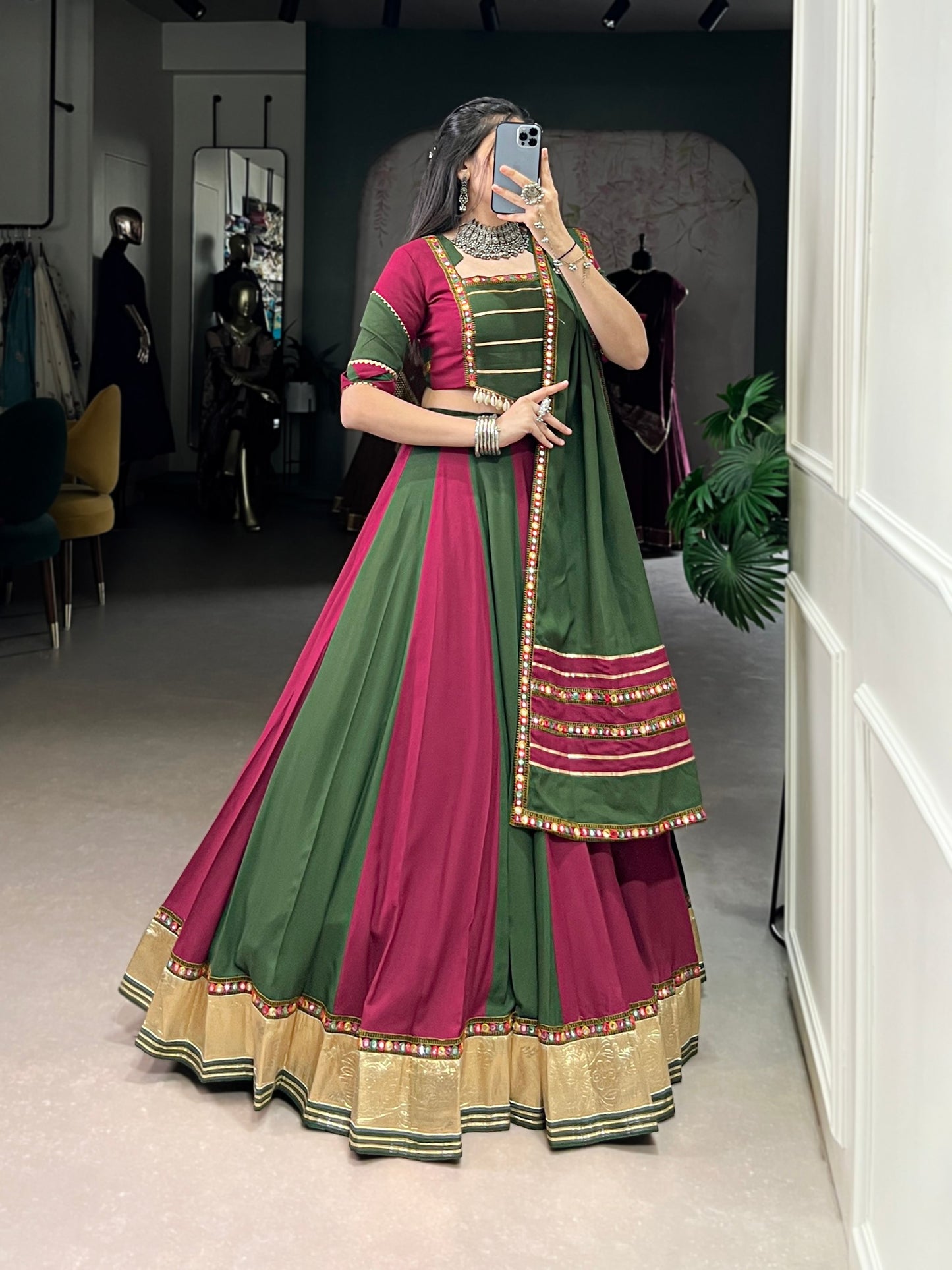 Green & Magenta Mirror Zari Lehenga Set
