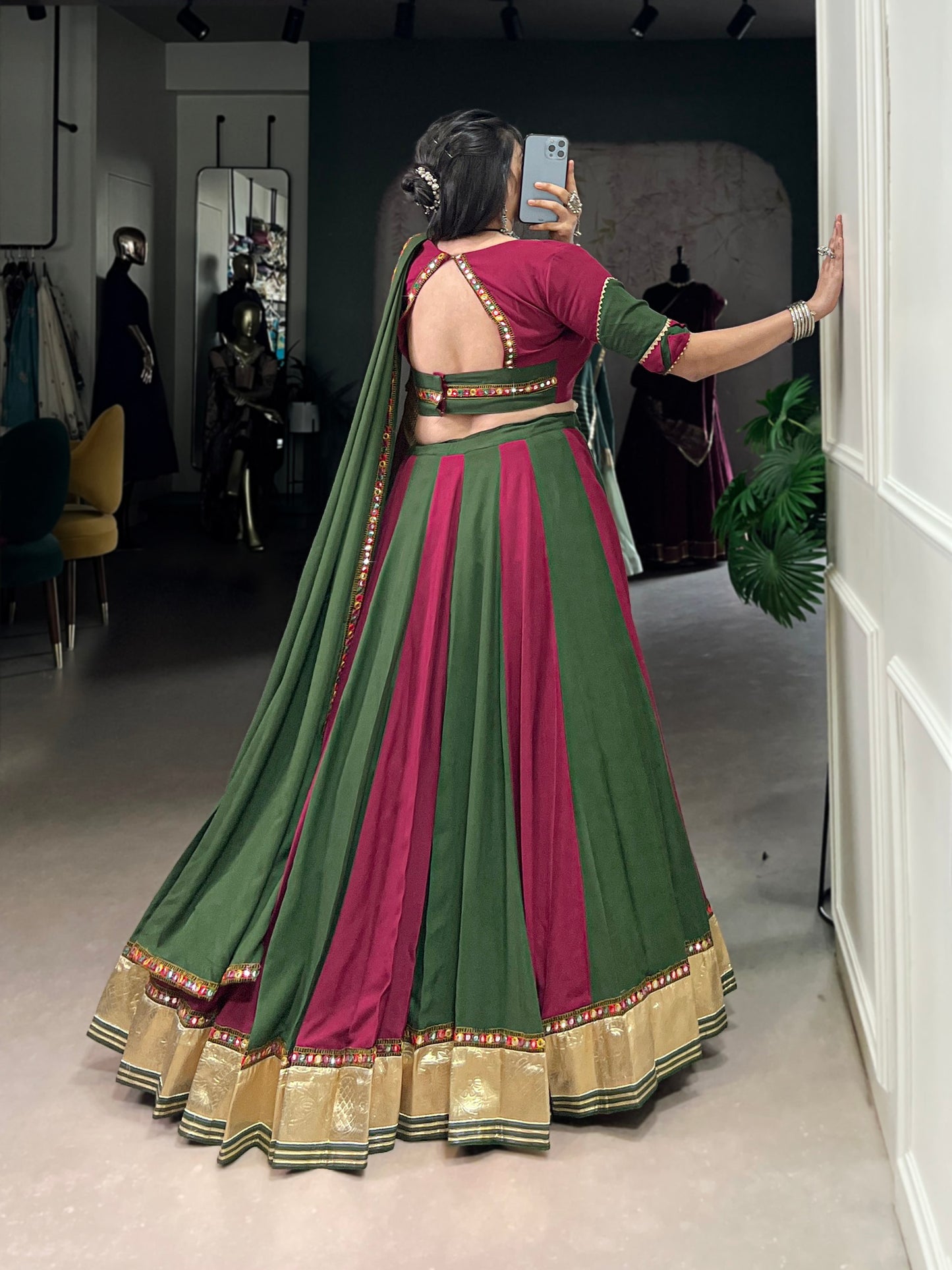 Green & Magenta Mirror Zari Lehenga Set