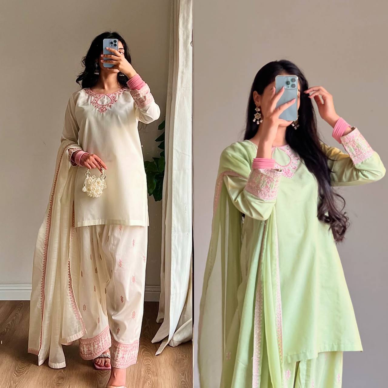 Ivory Whisper: Soft Elegance in Hand-Embroidered Pastel Pink Threads