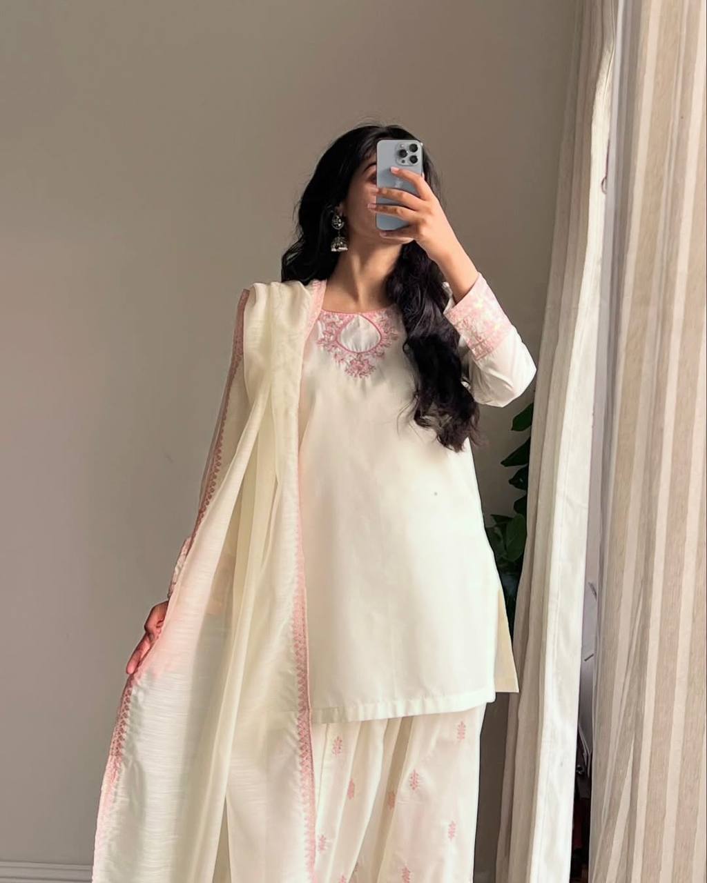 Ivory Whisper: Soft Elegance in Hand-Embroidered Pastel Pink Threads