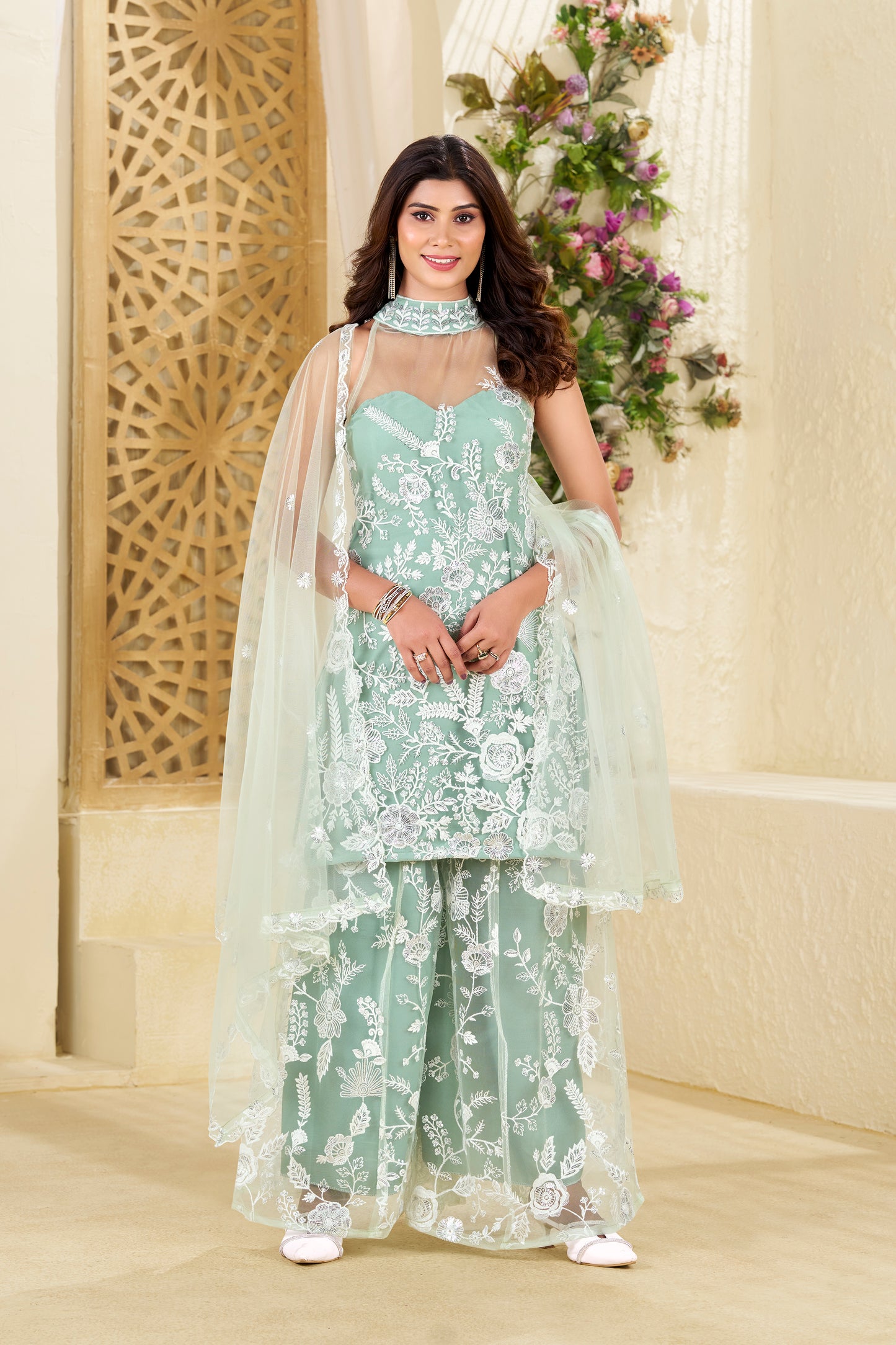 Mint Green Exquisite Net Fabric White Thread Floral Work And White Cutdana