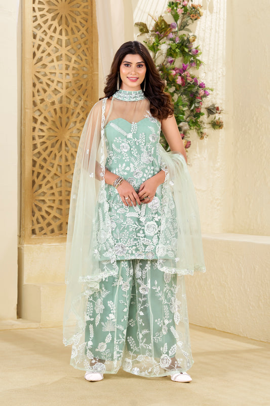 Mint Green Exquisite Net Fabric White Thread Floral Work And White Cutdana