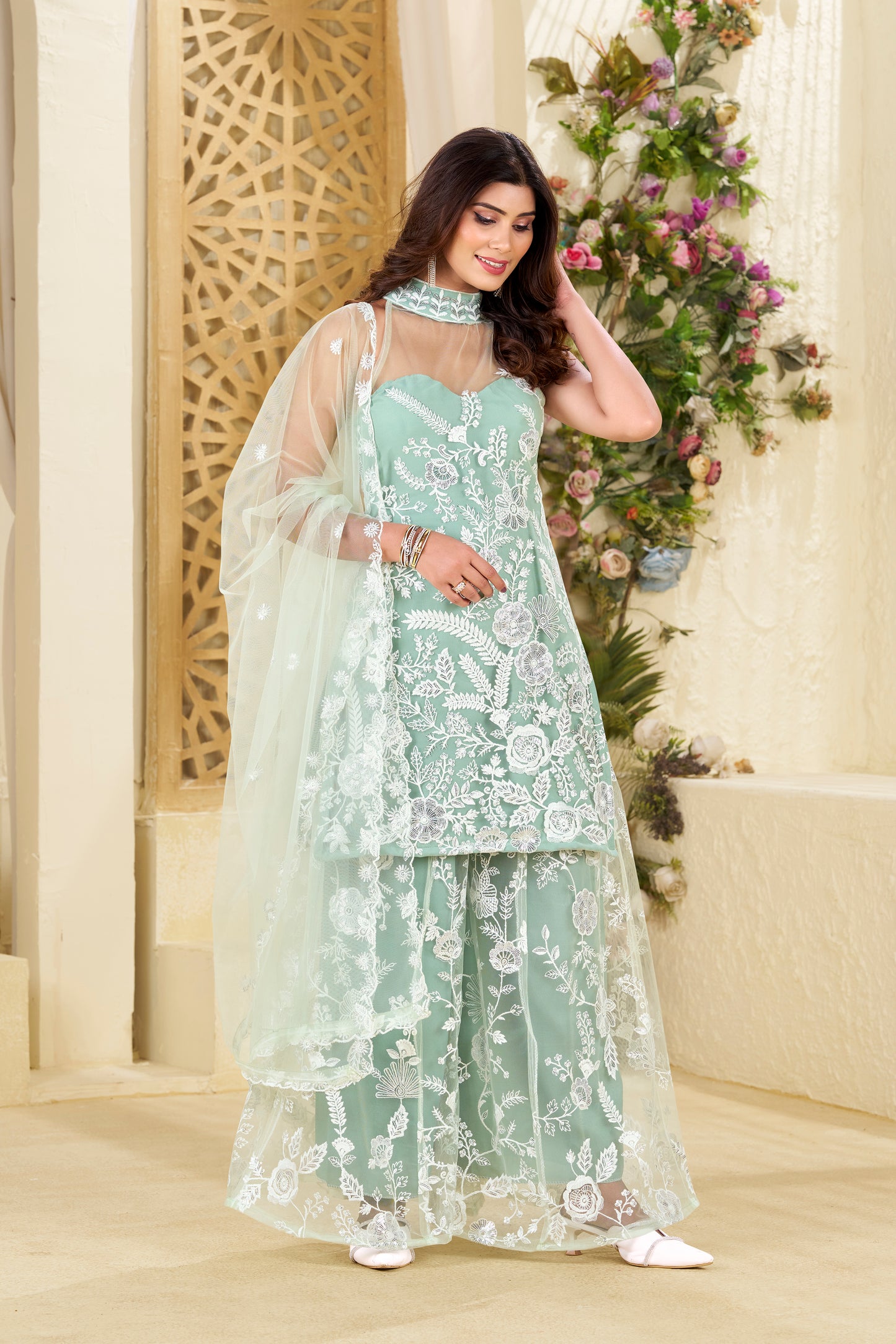 Mint Green Exquisite Net Fabric White Thread Floral Work And White Cutdana
