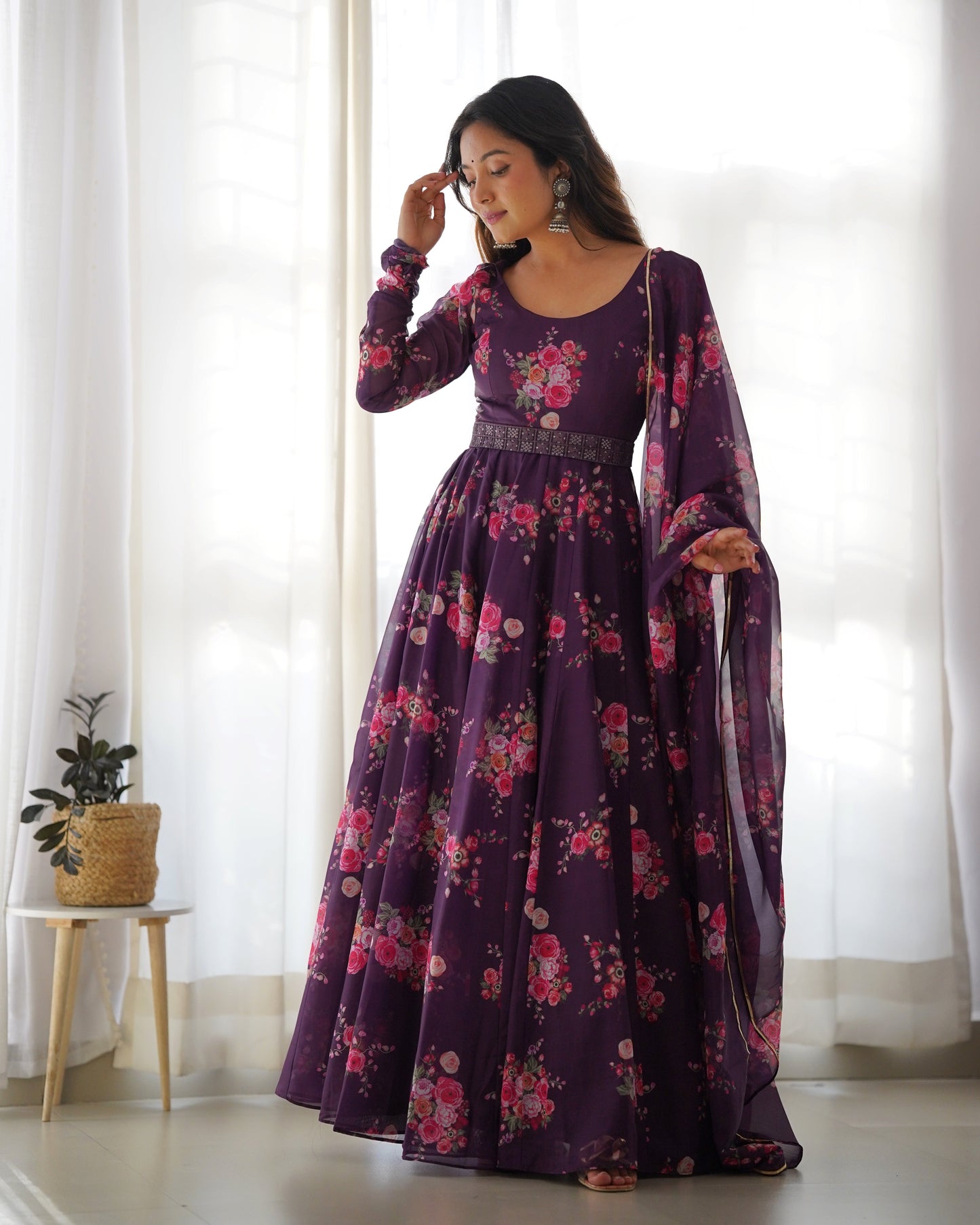 Wine Pure Soft Organza Gown Set With Huge Flair & Dupatta