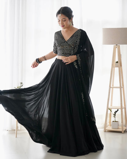 Black Pure Soft Fox Georgette Lehenga Set With Huge Flair & Dupatta