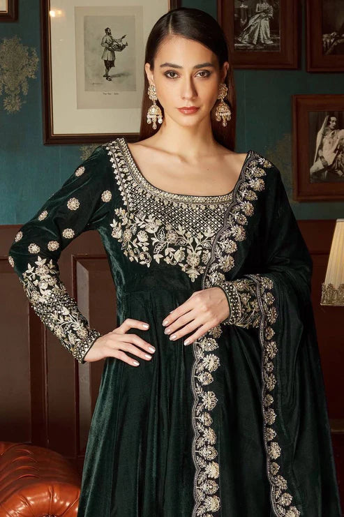 GREEN COLORED VELVET ANARKALI GOWN PLAZZO SET