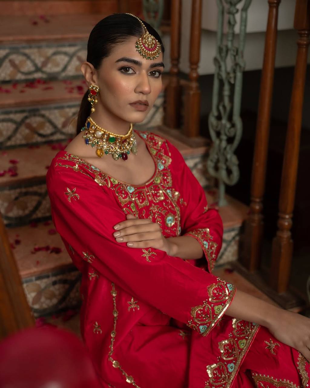 Afsana Crimson Red Hand Embroidered Zari Mirror Sharara Set