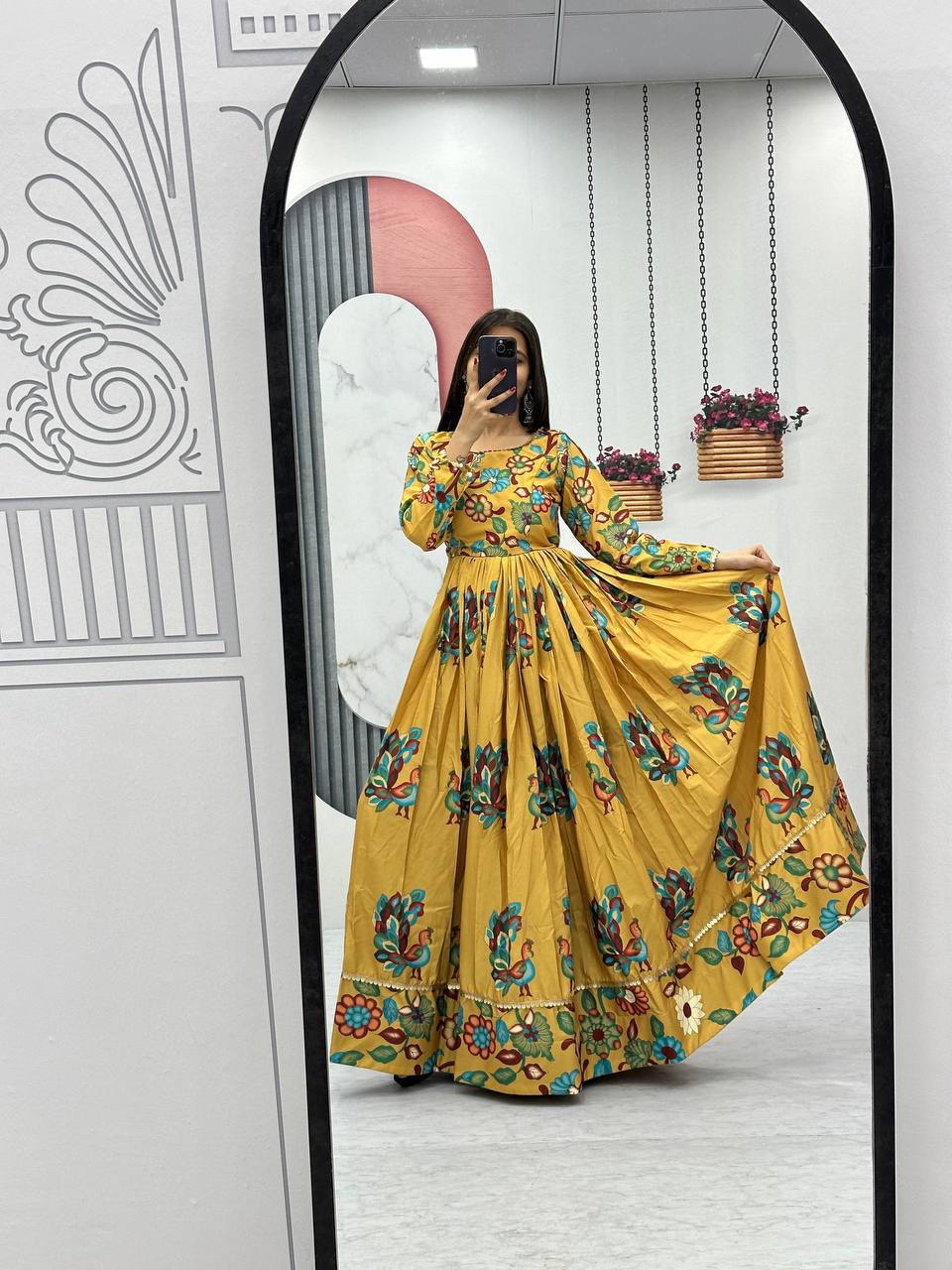 YELLOW COLORED KALAMKARI GOWN DUPATTA SET