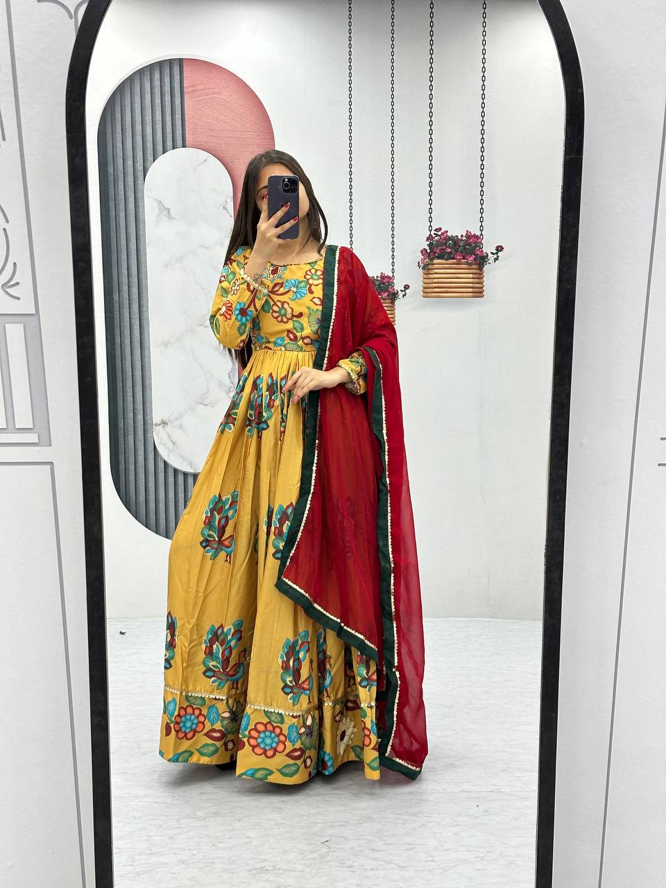 YELLOW COLORED KALAMKARI GOWN DUPATTA SET