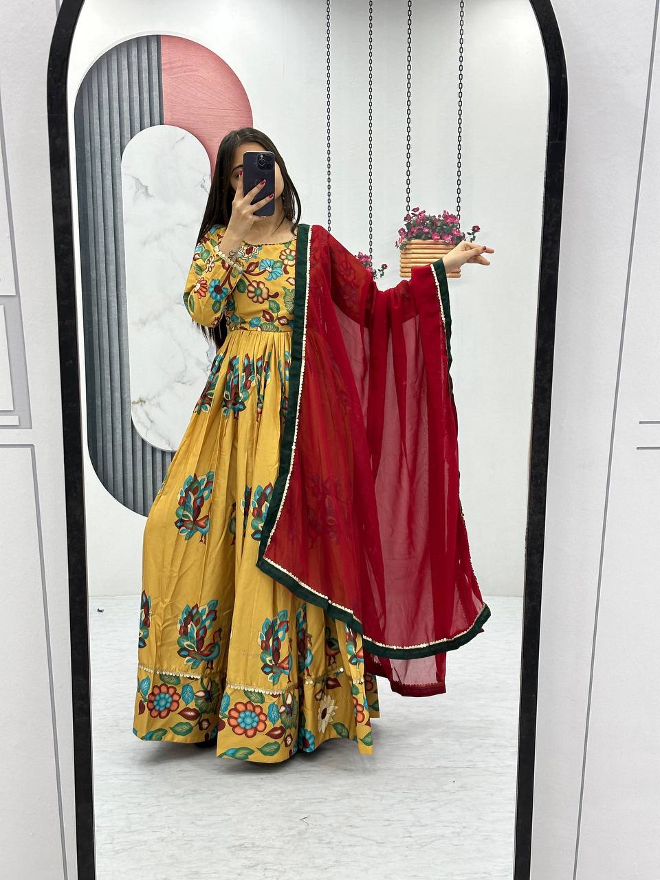 YELLOW COLORED KALAMKARI GOWN DUPATTA SET