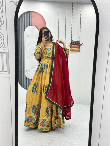 YELLOW COLORED KALAMKARI GOWN DUPATTA SET