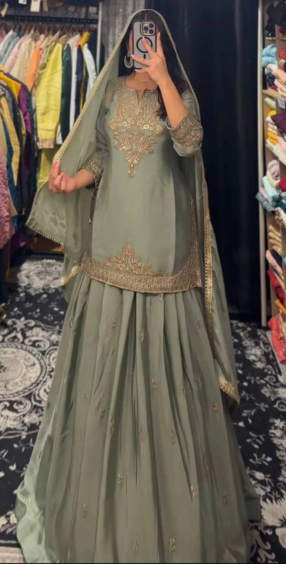 Festive Flame Green Ensemble with Antique Gold Embroidery Lehenga