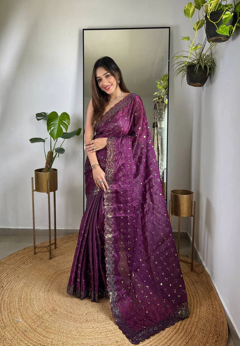 Designer Embroidered Soft Geemichu Silk Saree