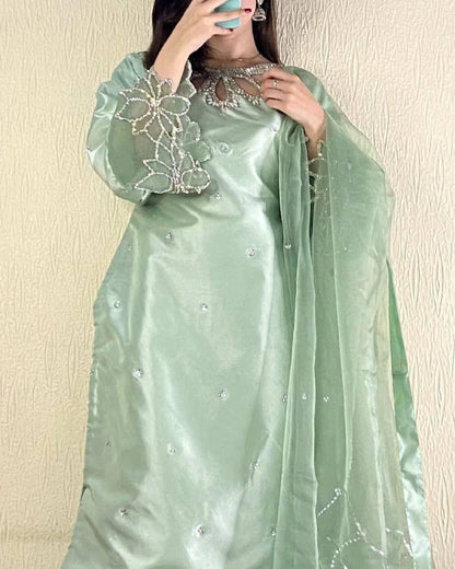Rayaan A Mint Green Dream Beauty Designer Wear Beads Work Kurti Pant Set