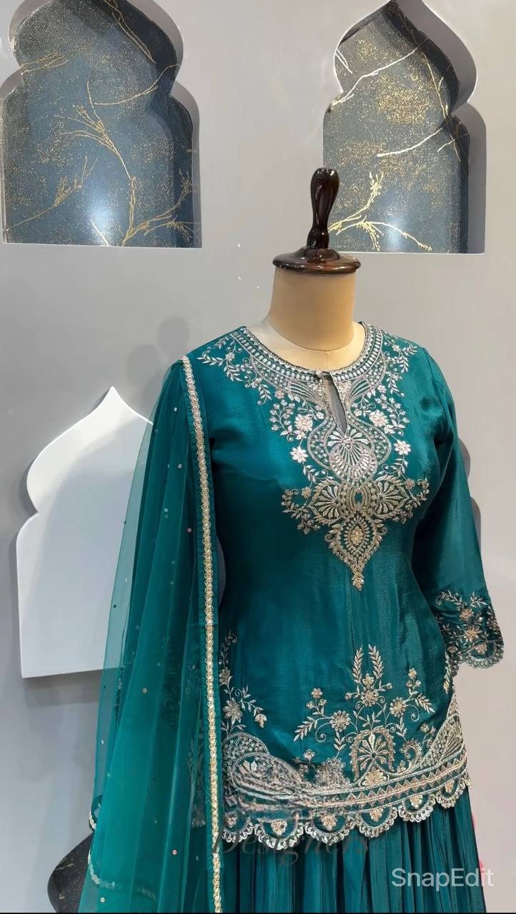 Hira Designer Long Pakistani Suit Top , Sharara and Dupptta Set