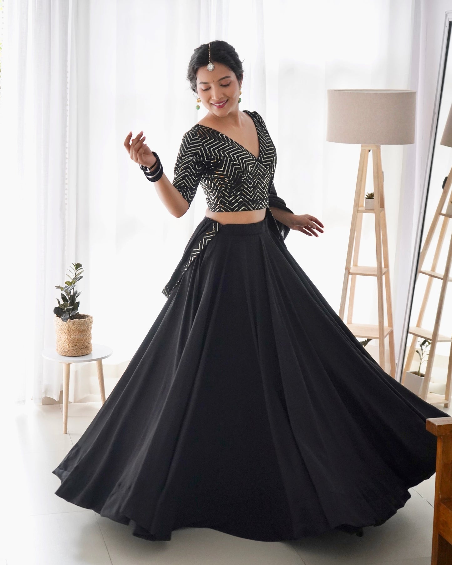 Black Pure Soft Fox Georgette Lehenga Set With Huge Flair & Dupatta