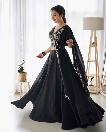 Black Pure Soft Fox Georgette Lehenga Set With Huge Flair & Dupatta