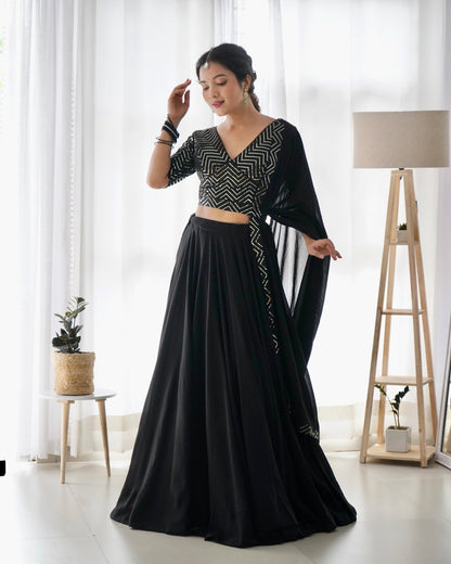 Black Pure Soft Fox Georgette Lehenga Set With Huge Flair & Dupatta