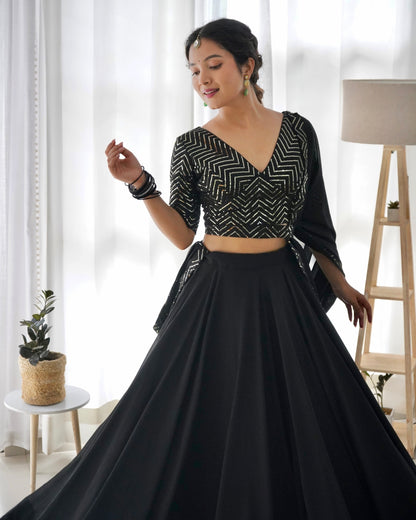 Black Pure Soft Fox Georgette Lehenga Set With Huge Flair & Dupatta