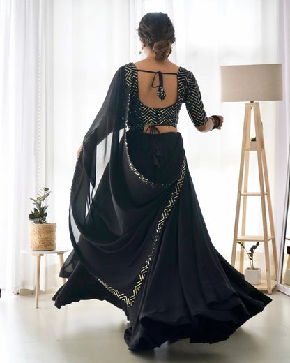 Black Pure Soft Fox Georgette Lehenga Set With Huge Flair & Dupatta