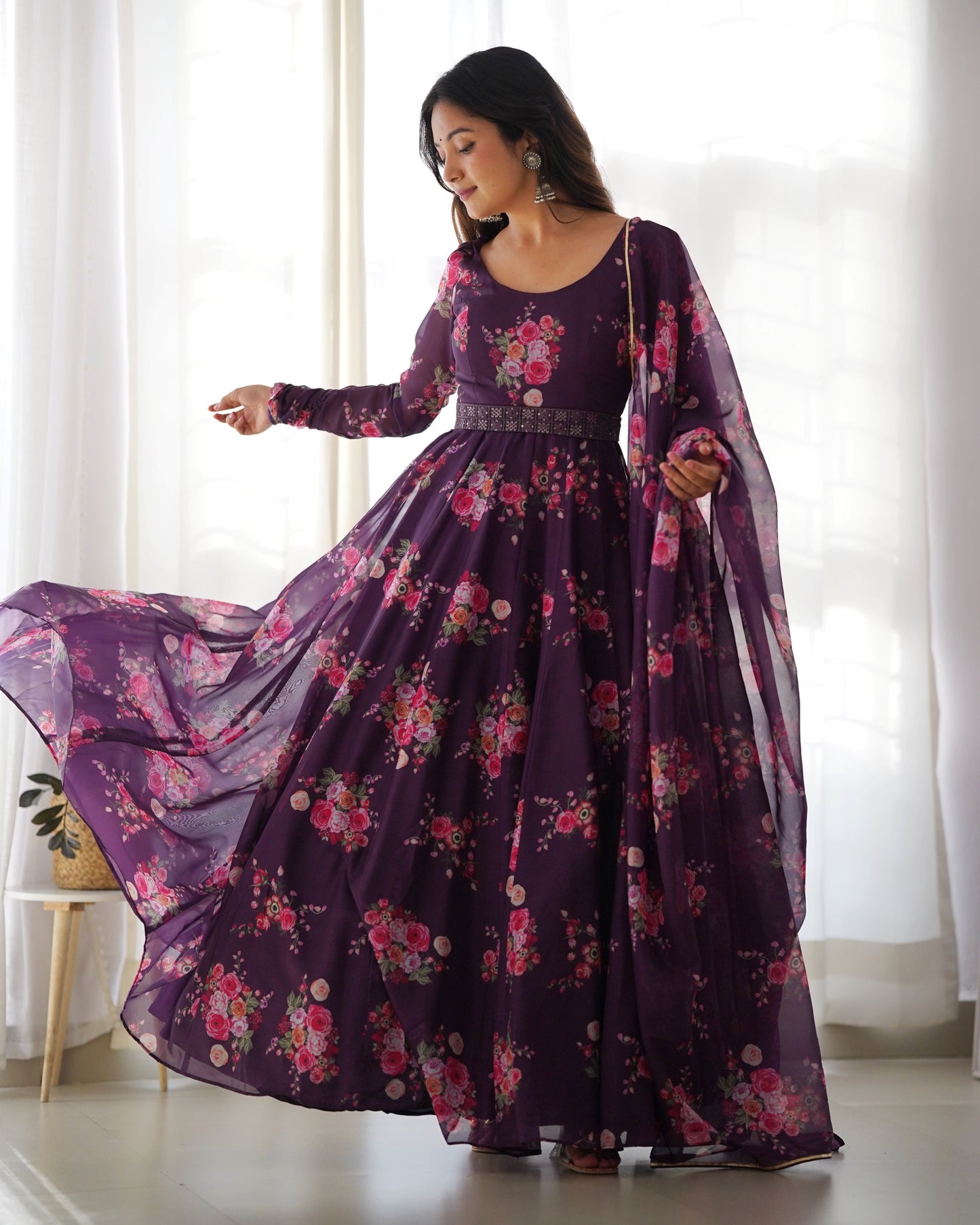 Wine Pure Soft Organza Gown Set With Huge Flair & Dupatta