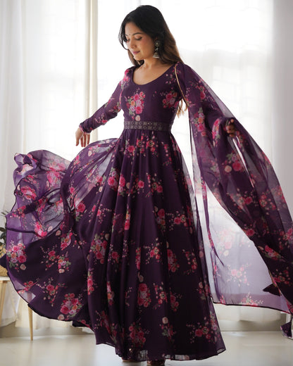 Wine Pure Soft Organza Gown Set With Huge Flair & Dupatta