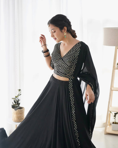 Black Pure Soft Fox Georgette Lehenga Set With Huge Flair & Dupatta