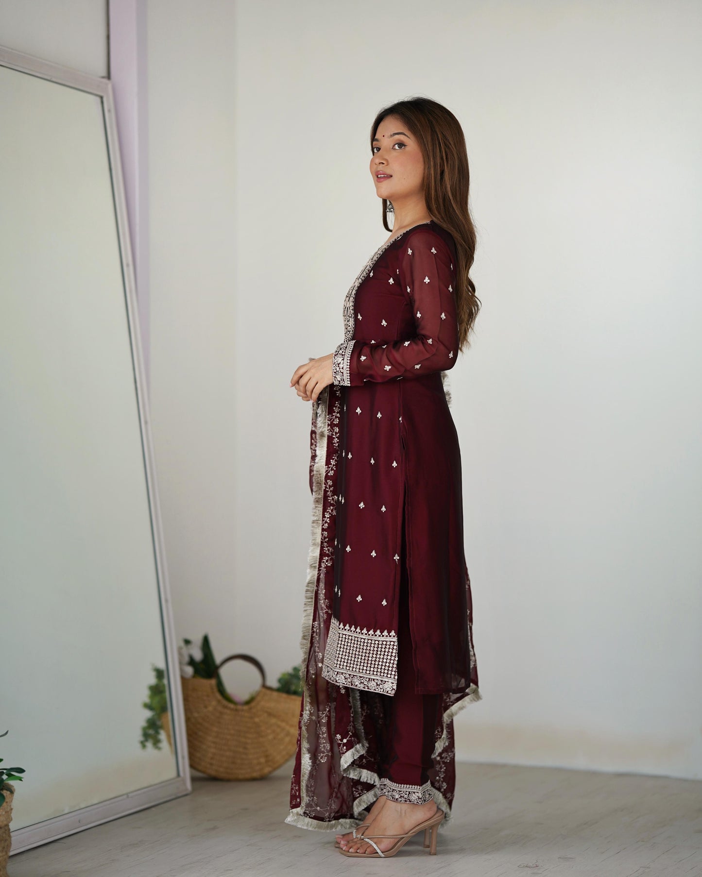 Maroon Pure Blooming Rangoli Silk Kurta Suit Set With Dupatta & Pant