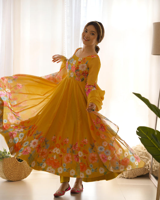 Yellow Pure Soft Organza Anarkali Suit Set With Huge Flair, Dupatta & Pant