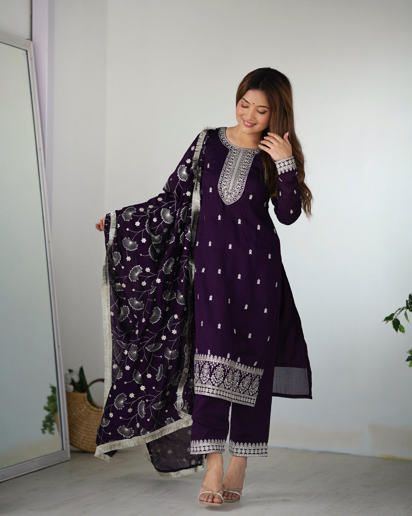 Purple Pure Blooming Rangoli Silk Kurta Suit Set With Dupatta & Pant