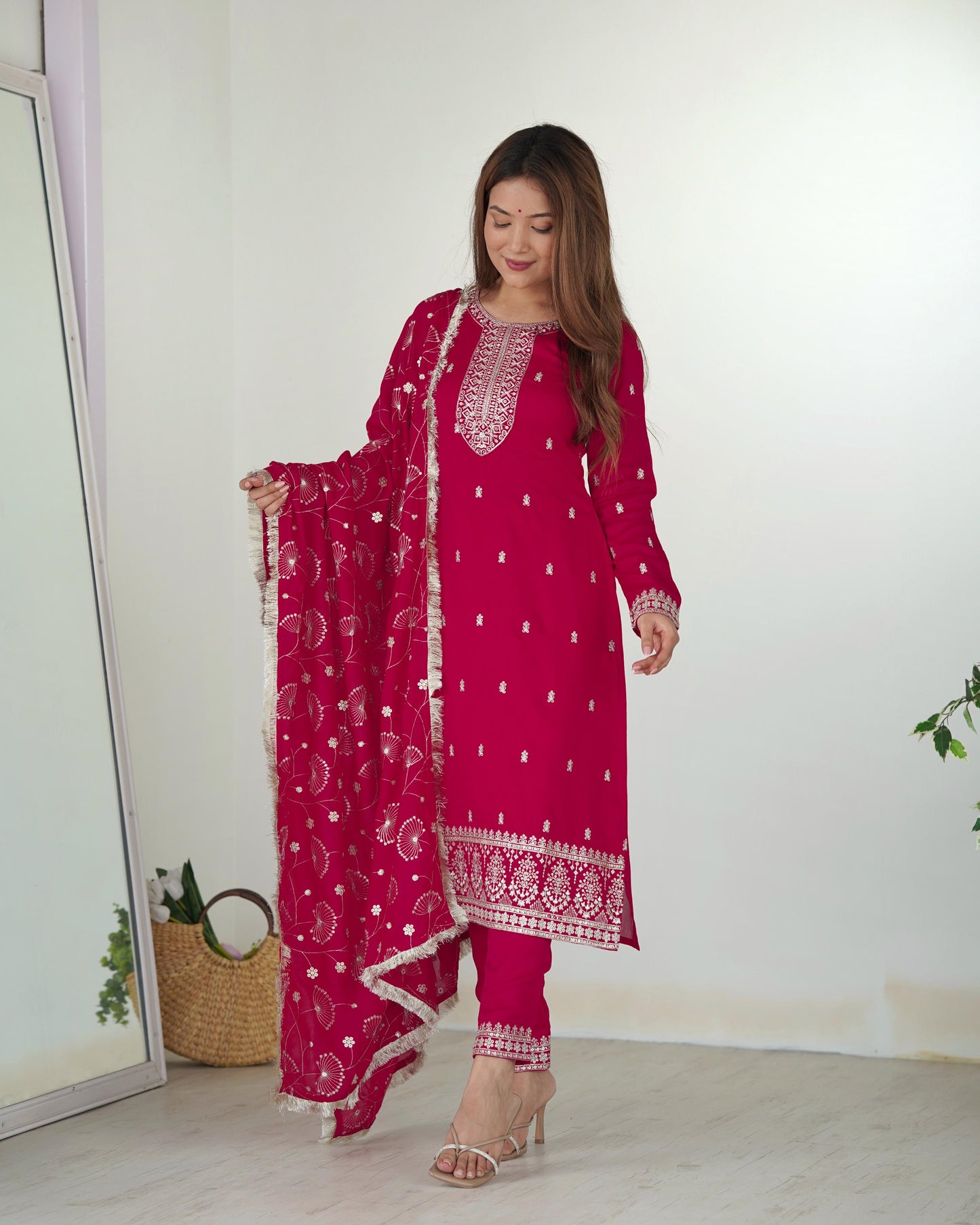 Dark Pink Pure Blooming Rangoli Silk Kurta Suit Set With Dupatta & Pant