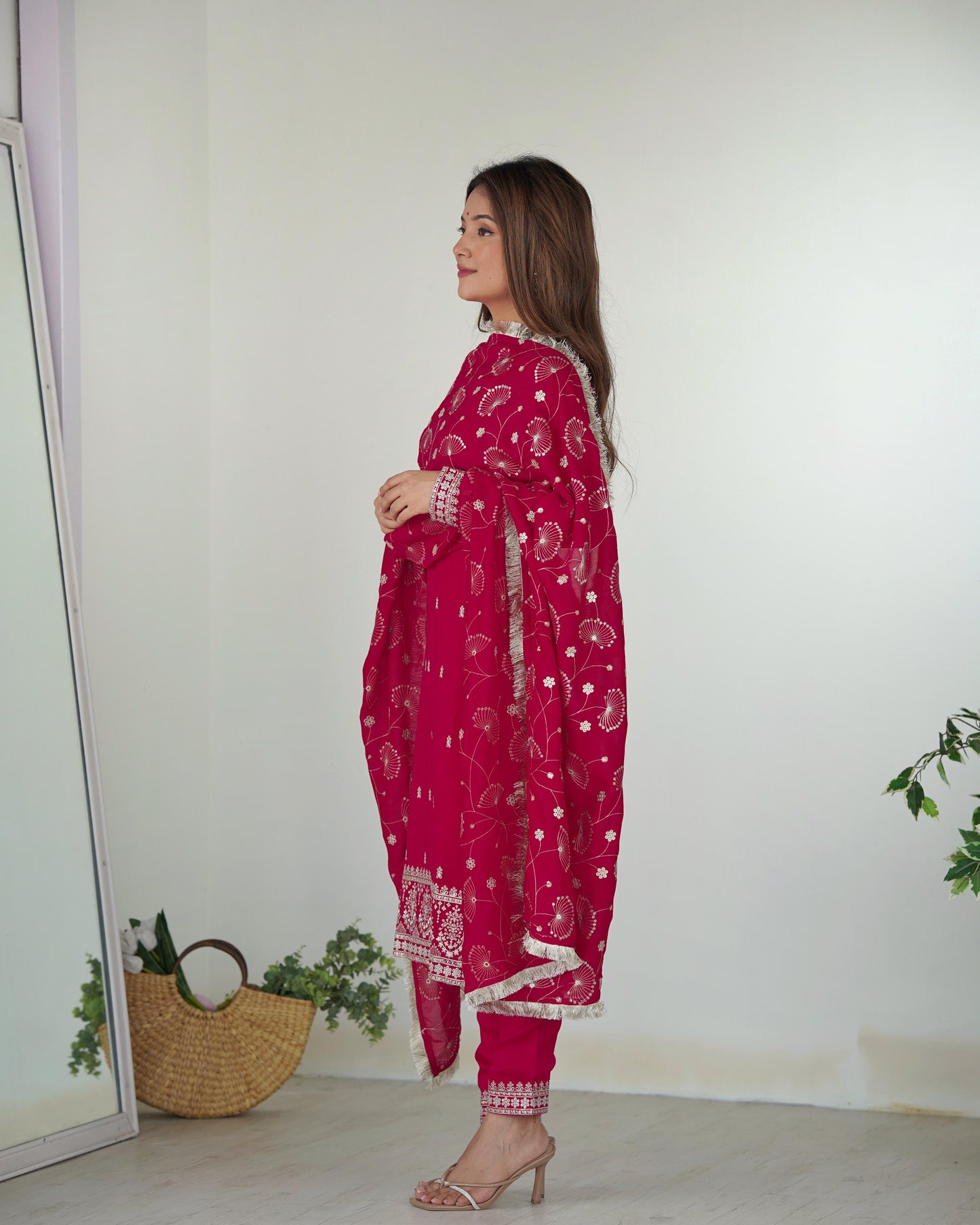 Dark Pink Pure Blooming Rangoli Silk Kurta Suit Set With Dupatta & Pant