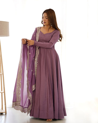 Mauve Pure Roman Silk Chanderi Anarkali Suit Set With Huge Flair, Dupatta & Pant