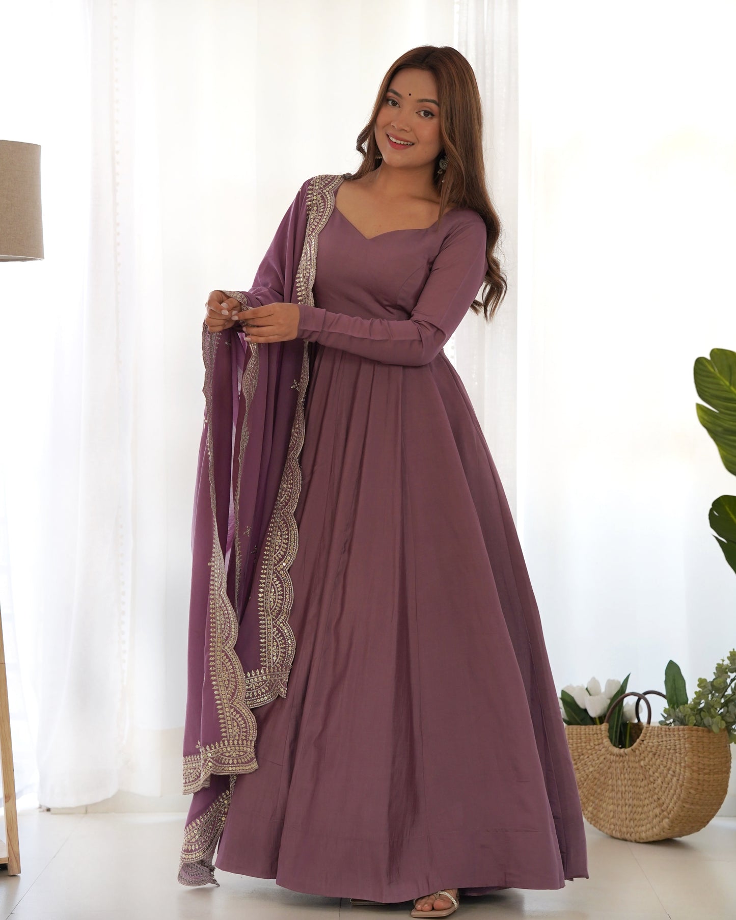 Mauve Pure Roman Silk Chanderi Anarkali Suit Set With Huge Flair, Dupatta & Pant