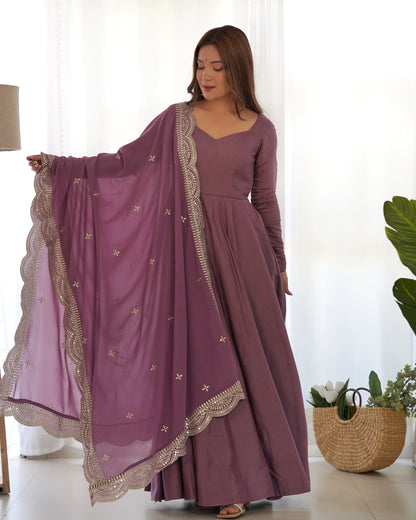 Mauve Pure Roman Silk Chanderi Anarkali Suit Set With Huge Flair, Dupatta & Pant